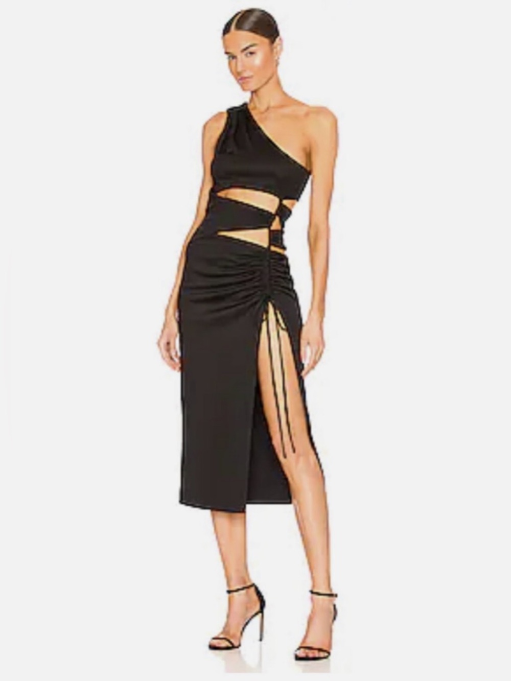 NBD x Revolve Donielle Ruched Cold Shoulder Midi Dress in Black, Women’s Medium